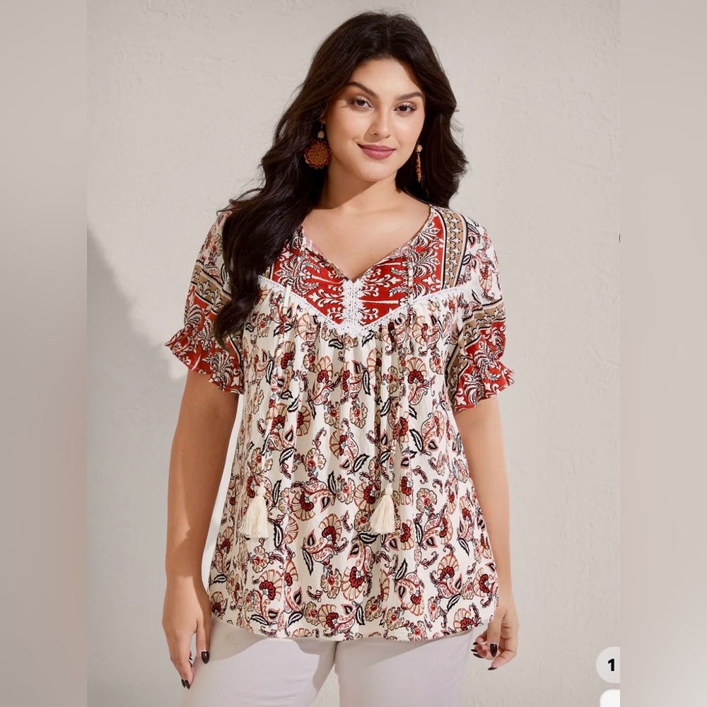 BloomChic Red and Cream Boho Blouse